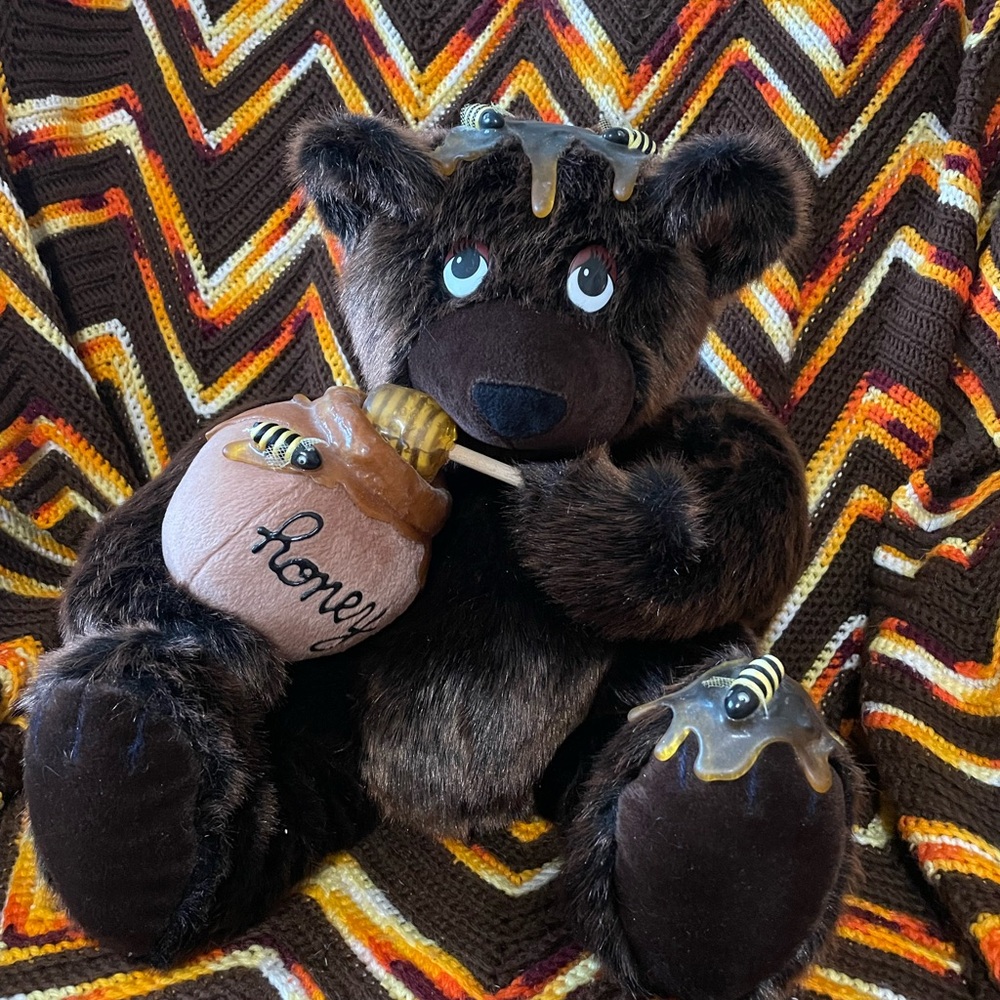 Rare Artist Designed Honey Pot Bear with Faux Mink Fur